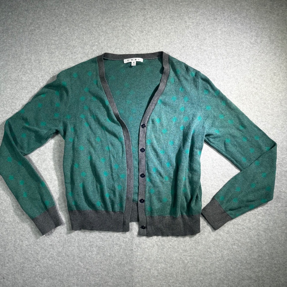 Cabi Womens Teal Green Diamond Polka Dot Button Front Cardigan Sweater Size M